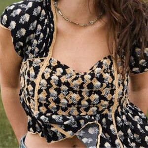 American Eagle Boho Babydoll Top Black Floral Square Neck Peplum Small